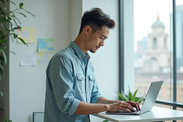 Jeune entrepreneur travaillant debout à son bureau à domicile avec vue sur la ville