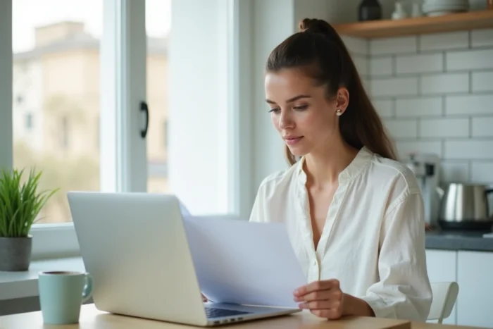 Jeune femme recherchant en ligne la date d'obtention de son permis de conduire sur un site administratif officiel