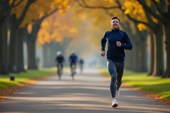 Homme faisant du jogging dans un parc urbain en automne pour illustrer un mode de vie actif et épanouissant