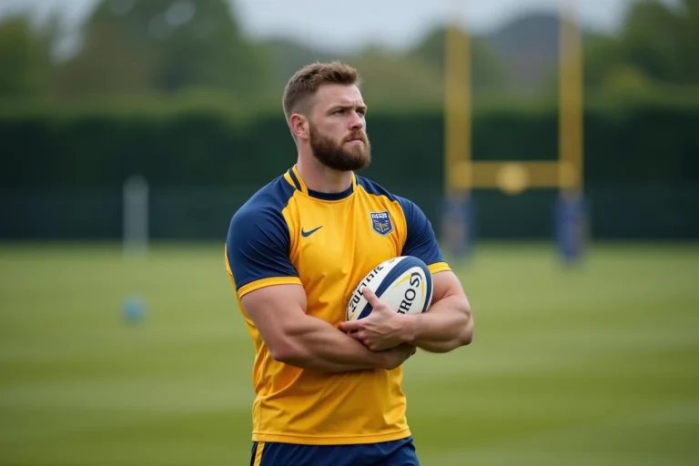 Joueur de rugby professionnel en maillot jaune et bleu tenant un ballon lors d'un entraînement à l'ASM Clermont
