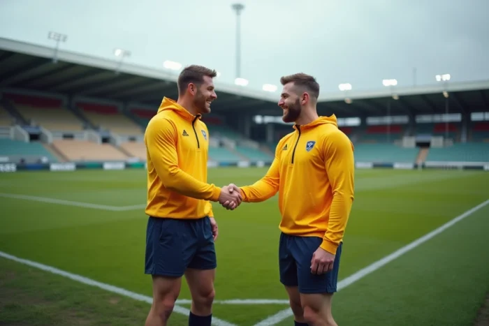 Deux joueurs de rugby se serrant la main sur le bord du terrain lors d'un transfert ou d'une signature à Clermont