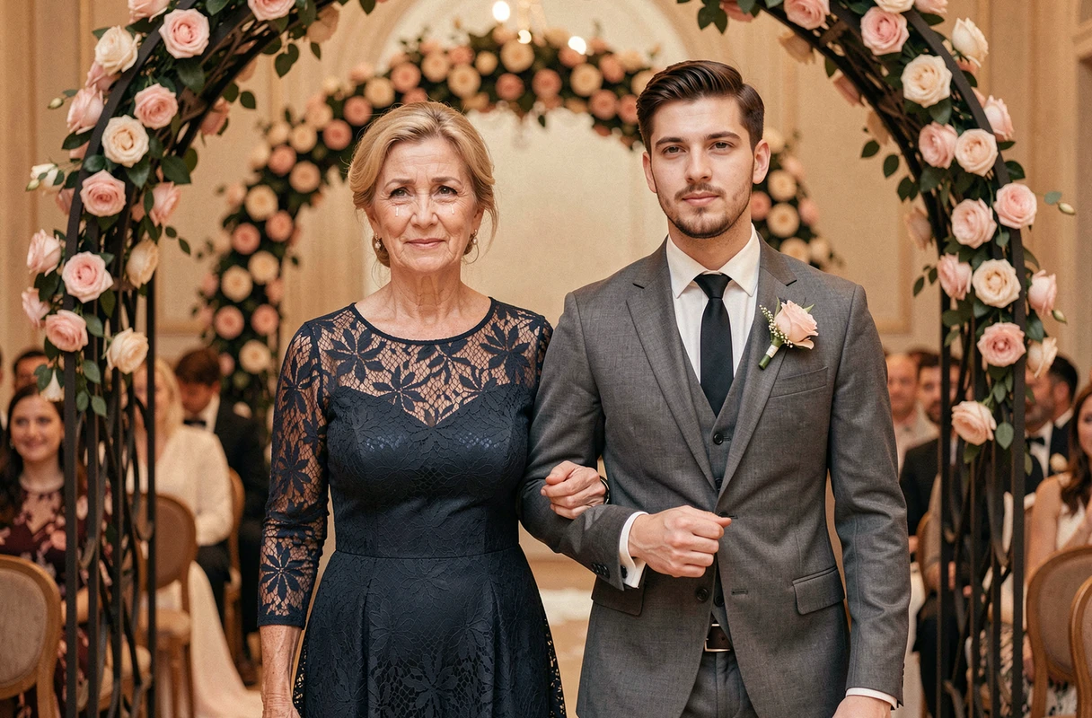 Une mère et son fils marchant dans l'allée dans une ambiance romantique évoquant La Vie en Rose
