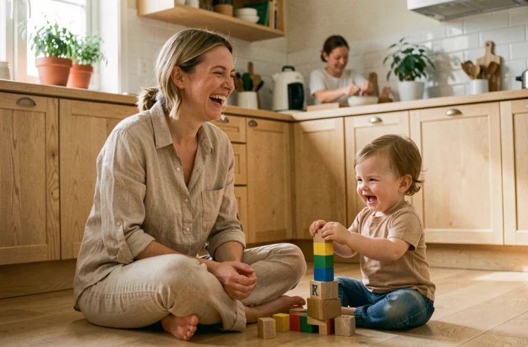 Maman jeune et souriante jouant avec son enfant en bas âge sur le sol d'une cuisine scandinave en bois clair