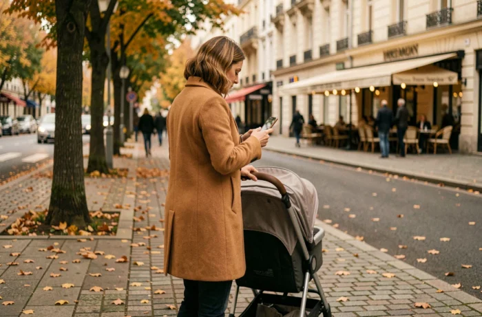 Maman active en manteau camel poussant une poussette moderne dans une rue pavée européenne aux couleurs d'automne