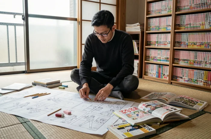 Mangaka en train de composer des planches de storyboard dans un appartement tokyoïte encombré de références