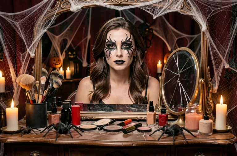 Femme maquillée avec plusieurs styles de maquillage araignée Halloween posant devant une coiffeuse vintage décorée de toiles et accessoires effrayants
