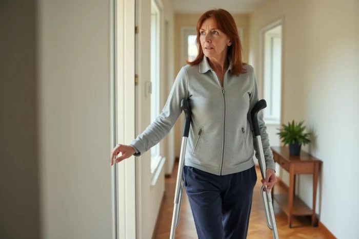 Femme marchant avec des béquilles pendant la convalescence d'une fracture du bassin à domicile