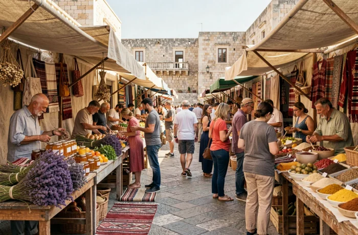 Marché traditionnel animé en plein air à Corinthe avec des étals de produits artisanaux locaux et de fruits frais