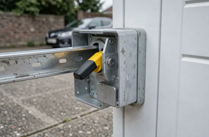 Gros plan sur le mécanisme de débrayage manuel d'un moteur de portail coulissant avec levier de déverrouillage