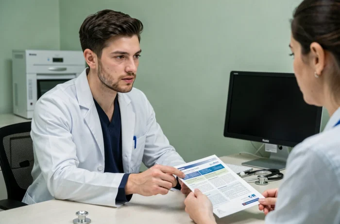 Médecin expliquant les garanties d'une mutuelle santé à un patient en cabinet médical