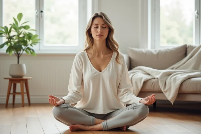 Femme pratiquant la méditation dans un salon minimaliste pour un mode de vie positif et épanouissant