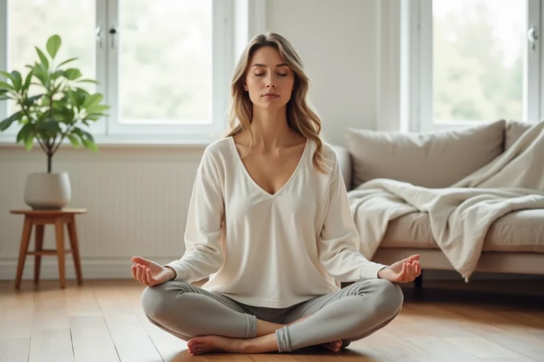 Femme pratiquant la méditation dans un salon minimaliste pour un mode de vie positif et épanouissant