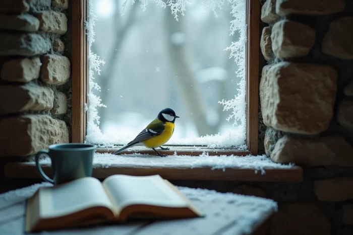 Mésange charbonnière sur un rebord de fenêtre en hiver, message spirituel et symbolique vu de l'intérieur