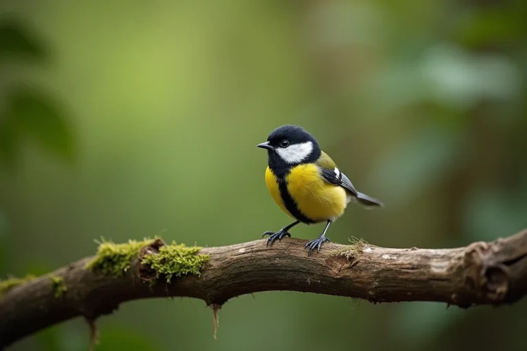 Mésange charbonnière perchée sur une branche en forêt, symbole spirituel et de destinée