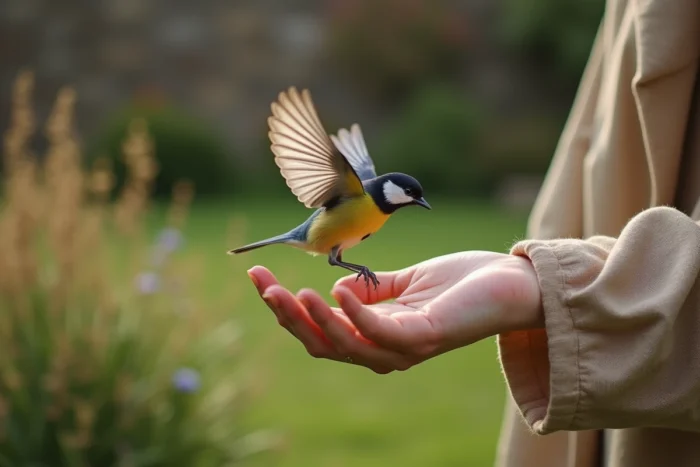 Mésange charbonnière se posant sur une main humaine dans un jardin paisible, connexion spirituelle avec la nature