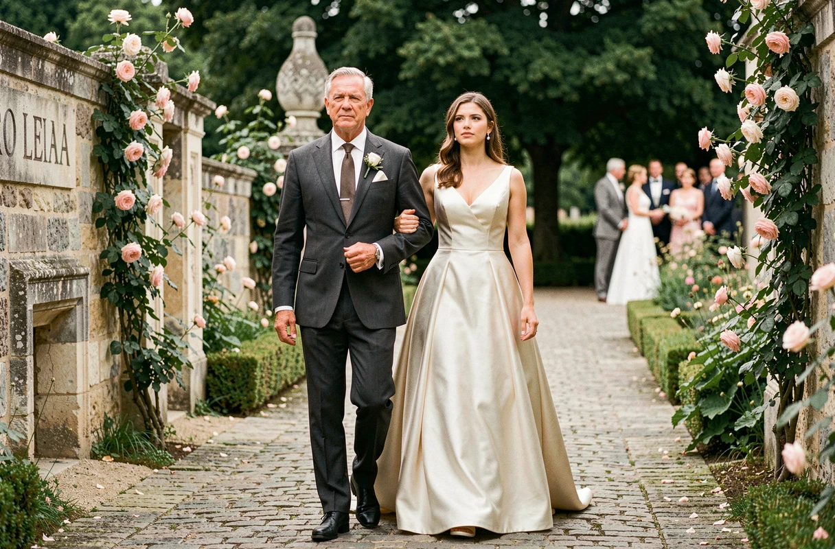 Un père accompagnant sa fille en robe de mariée dans un jardin de château, évoquant Millésime de Pascal Obispo