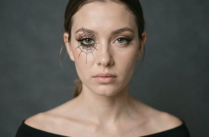 Gros plan d'un maquillage araignée minimaliste avec une mini toile dessinée à l'eyeliner noir au coin externe de l'œil
