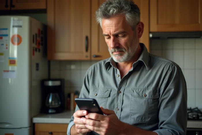 Homme consultant une notification de paiement France Travail sur son smartphone avec une expression préoccupée