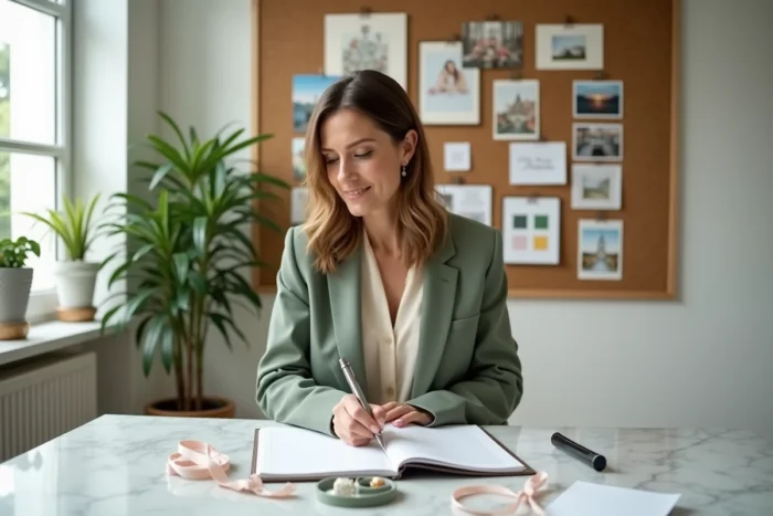 Organisatrice de mariage professionnelle consultant un tableau de moodboard dans un bureau moderne et élégant