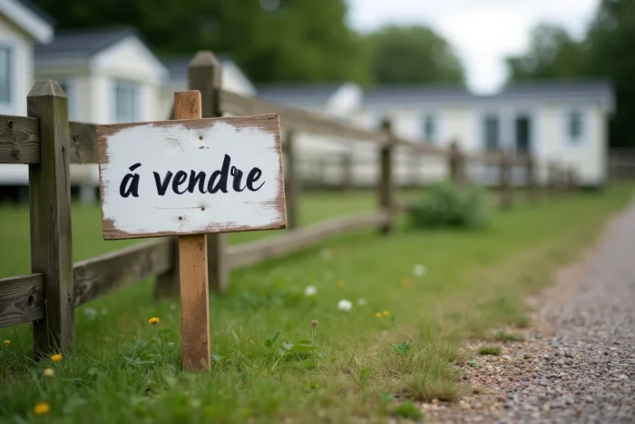 Panneau à vendre sur une parcelle de camping en Vendée avec mobil-homes en arrière-plan