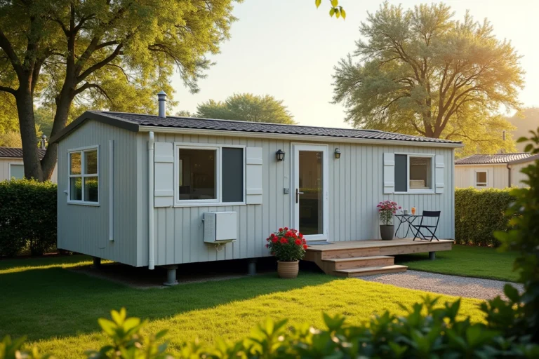 Parcelle avec mobil-home moderne dans un camping en Vendée, entourée de verdure et d'une terrasse en bois