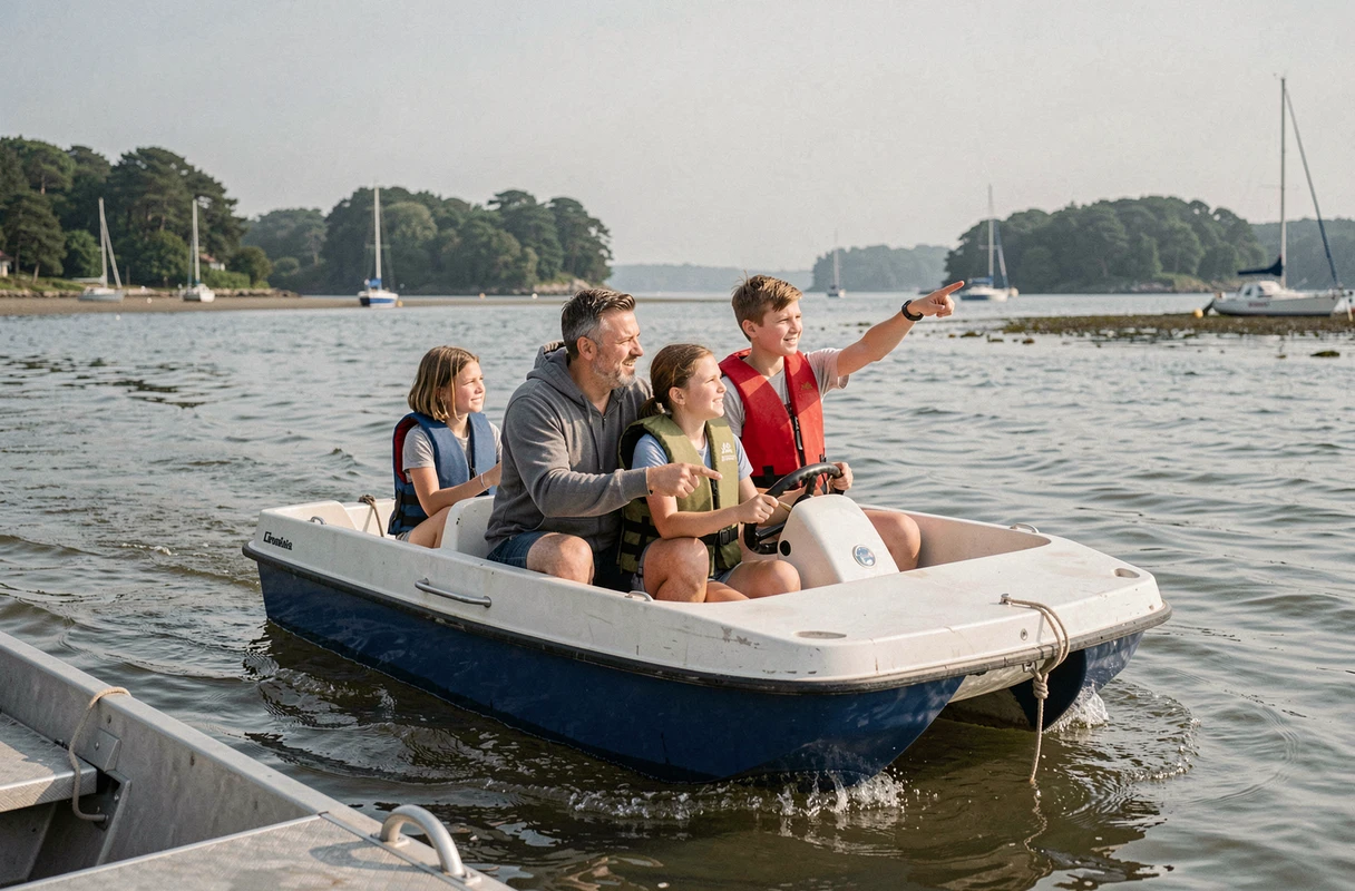 Famille en pédalo sur le golfe du Morbihan avec des îles boisées en arrière-plan