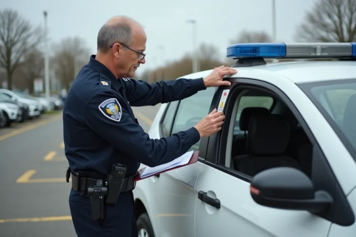 Agent de police apposant un scellé officiel sur une voiture après un accident dans un parking