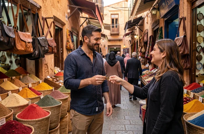 Guide touristique marocain recevant un pourboire en pièces dans un souk animé de la médina de Fès
