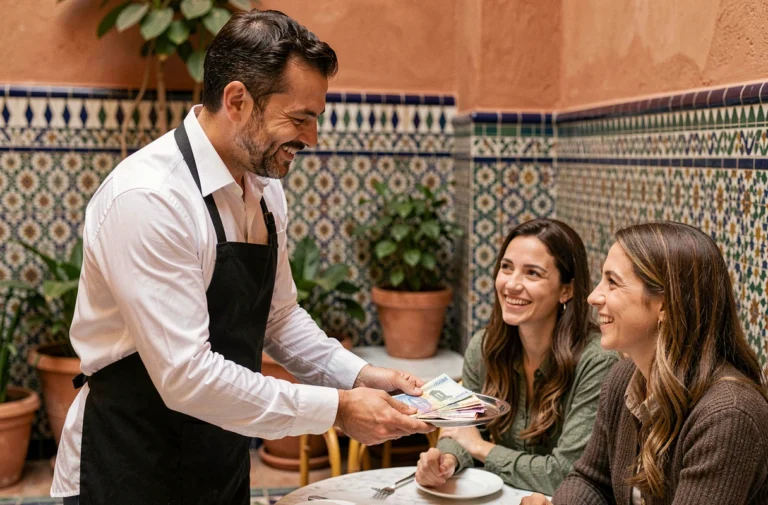 Serveur marocain remettant un plateau de pourboire en dirhams à des touristes dans un café de Marrakech