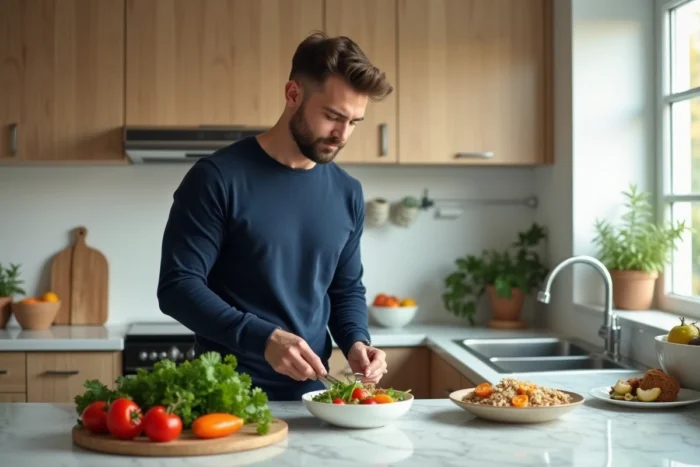 Homme préparant un repas sain et équilibré dans une cuisine moderne, illustrant les nouvelles habitudes alimentaires pour améliorer durablement le bien-être