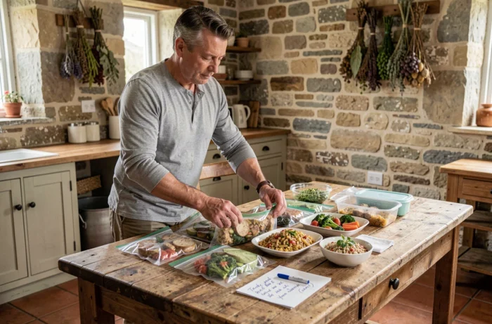 Homme préparant des repas sous vide dans une cuisine de campagne rustique pour prolonger la fraîcheur des aliments