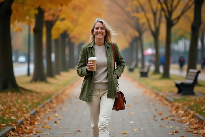Femme se promenant sereinement dans un parc urbain en automne avec un café à emporter, représentant l'intégration de nouvelles habitudes bien-être dans la vie quotidienne