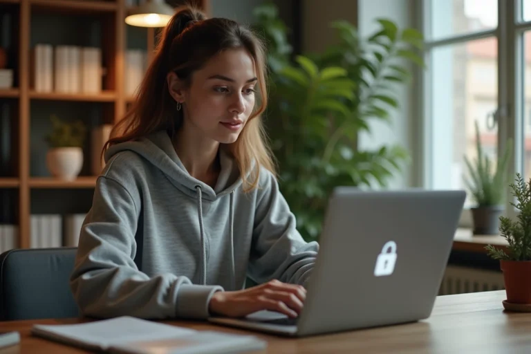 Jeune femme protégeant son compte Instagram sur un ordinateur portable dans un bureau à domicile