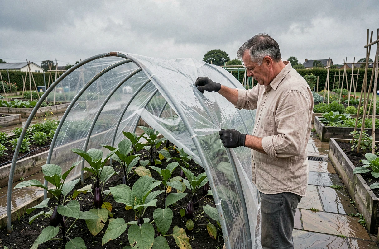 Jardinier installant un tunnel de protection en plastique sur des plants d'aubergines pour les protéger de la pluie