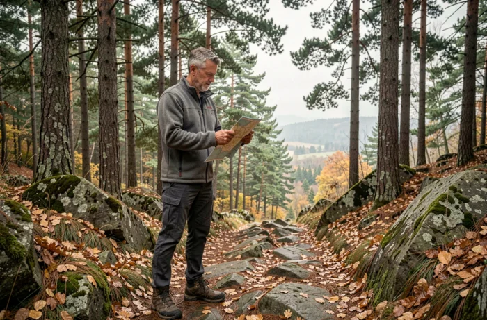Homme consultant une carte lors d'une randonnée en forêt automnale, activité de plein air pour occuper ses loisirs