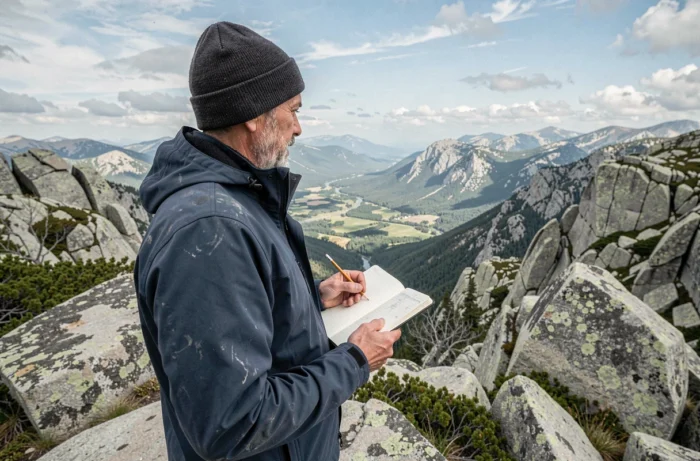 Randonneur masculin consultant son carnet de voyage face à un panorama de vallée alpine, équipé d'un softshell et d'un bonnet en laine
