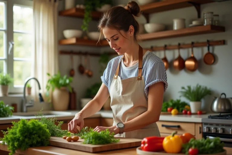 Femme en tablier de lin préparant des légumes frais et des herbes aromatiques sur une planche en bois dans une cuisine chaleureuse et rustique
