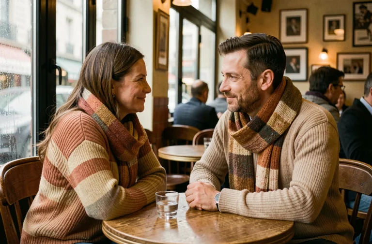 Couple échangeant un regard amoureux et complice dans un café parisien chaleureux en automne