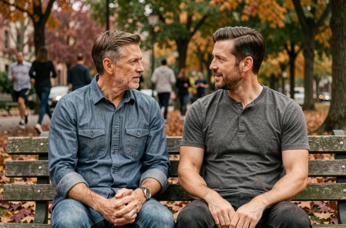 Deux hommes assis dans un parc en automne, l'un posant un regard tendre et amoureux sur l'autre