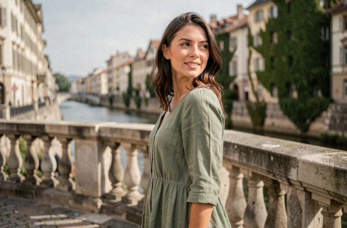 Femme au regard amoureux sur un pont en pierre dans une vieille ville européenne ensoleillée