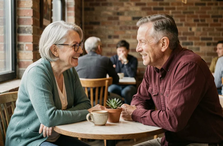 Deux seniors souriants en conversation animée autour d'un café dans un bistrot chaleureux, illustrant les rencontres après 60 ans