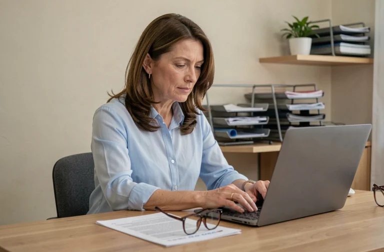 Femme prenant rendez-vous en ligne avec le centre des impôts depuis son bureau à domicile
