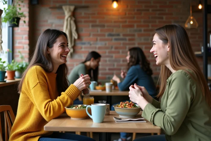 Deux femmes partageant un repas sain dans un café convivial pour illustrer les liens sociaux positifs au quotidien