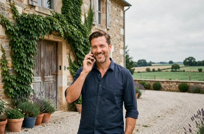 Homme souriant téléphonant devant l'entrée en pierre d'une ferme française couverte de lierre pour une réservation à La Fermette De Marie
