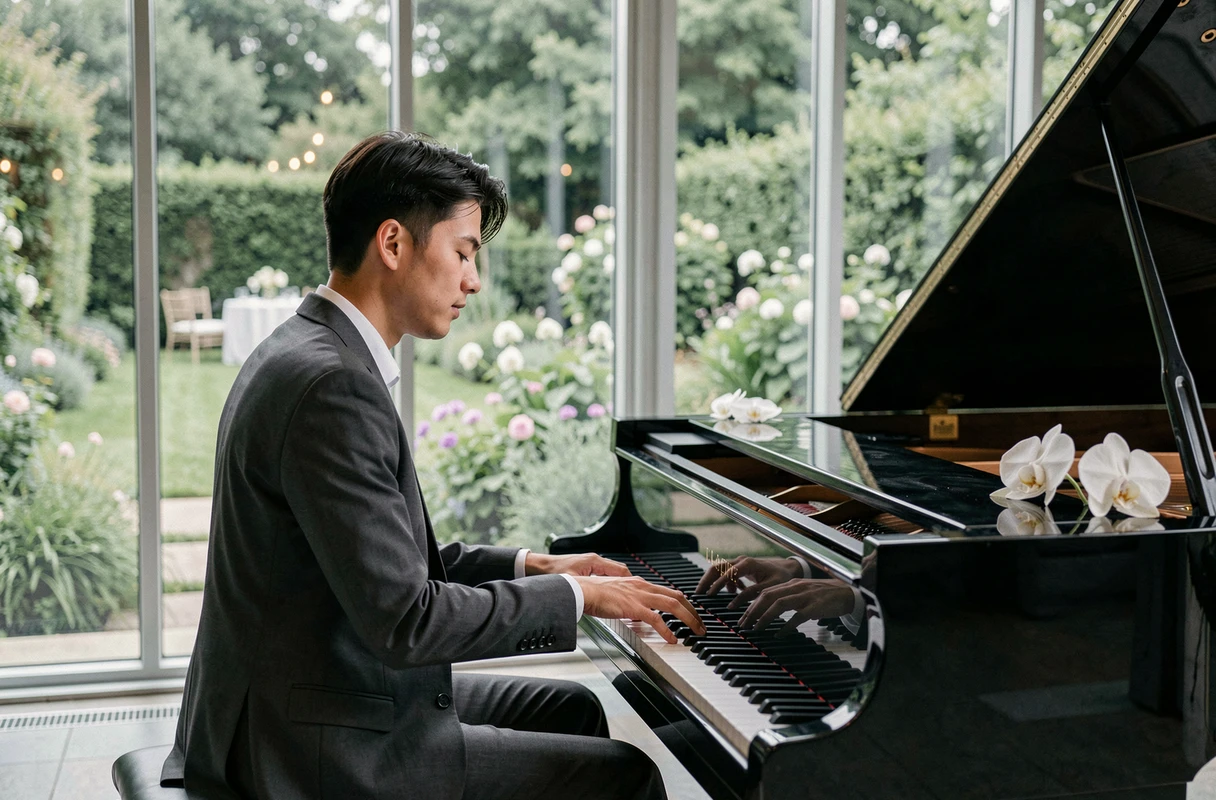Un pianiste jouant River Flows in You de Yiruma près d'une grande fenêtre lors d'un mariage