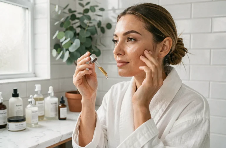 Femme appliquant un sérum de soin sur son visage devant une coiffeuse en marbre dans une salle de bain épurée