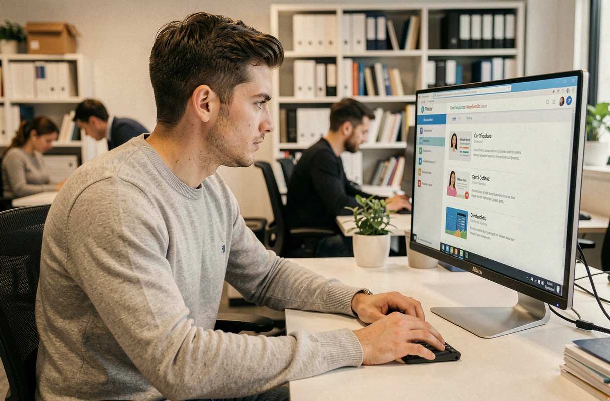 Salarié suivant une formation en ligne sur son poste de travail dans un bureau moderne, formation e-learning obligatoire en entreprise
