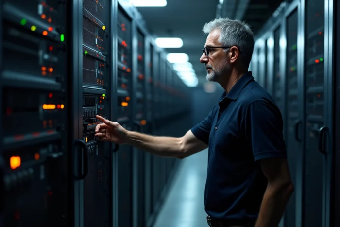 Technicien inspectant des serveurs dans une salle de données pour un hébergement web haute performance