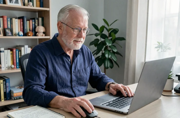 Senior homme utilisant un ordinateur portable à son bureau à domicile pour découvrir des sites de rencontres et d'échanges après 60 ans