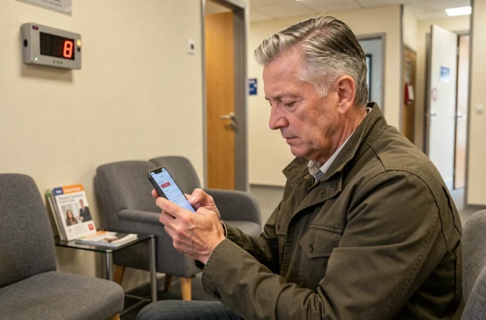 Homme utilisant son smartphone pour prendre rendez-vous avec le centre des impôts dans une salle d'attente